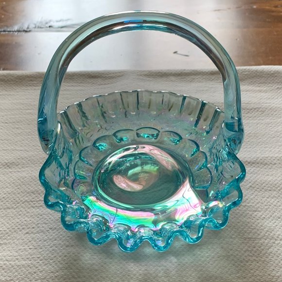 Westmoreland Glass Other - Vintage Westmoreland Glass Iridescent Aqua Blue Ruffled Edge Handled Basket
